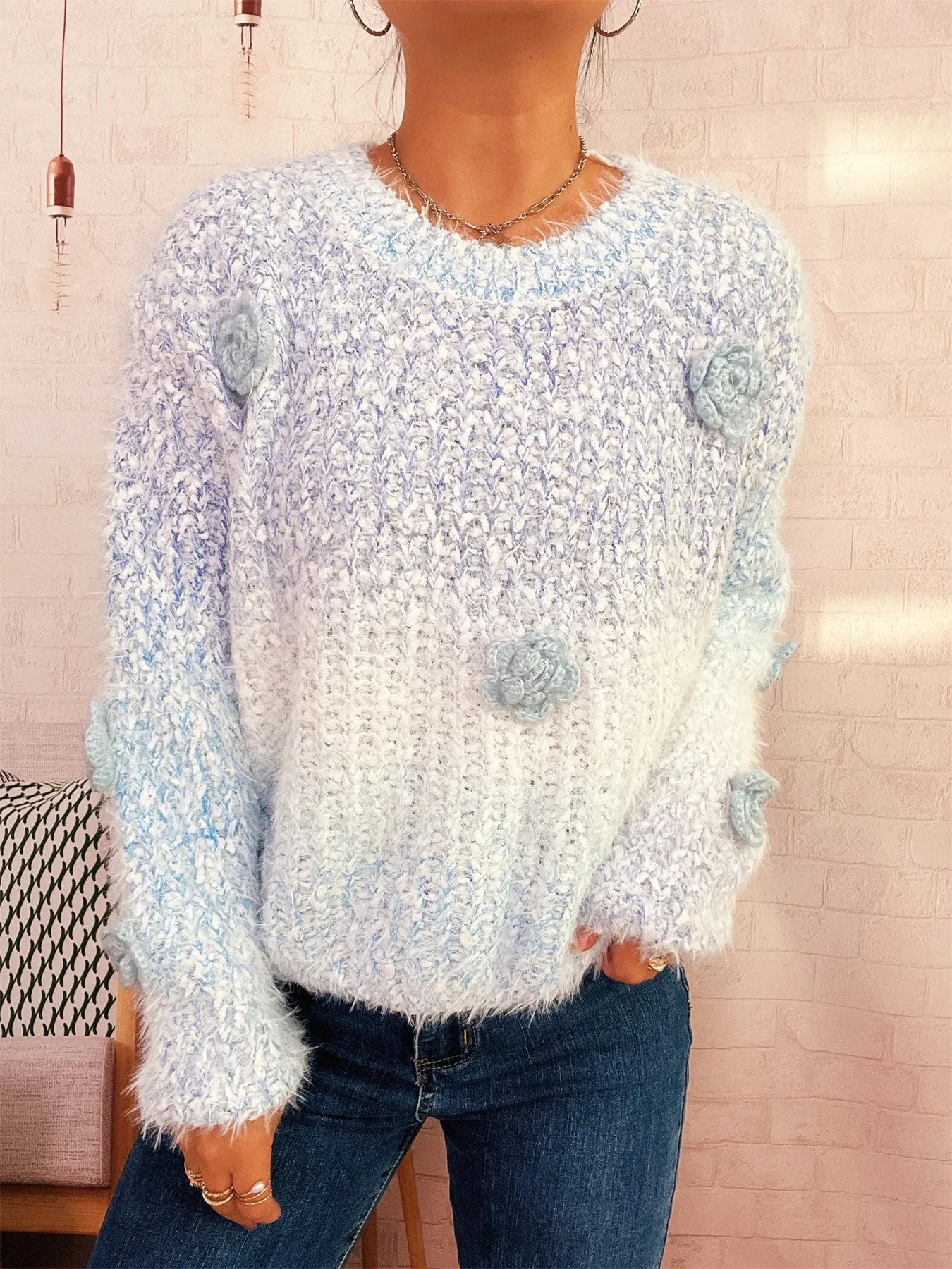 Flower Embellished Round Neck Sweater OutfitFlow