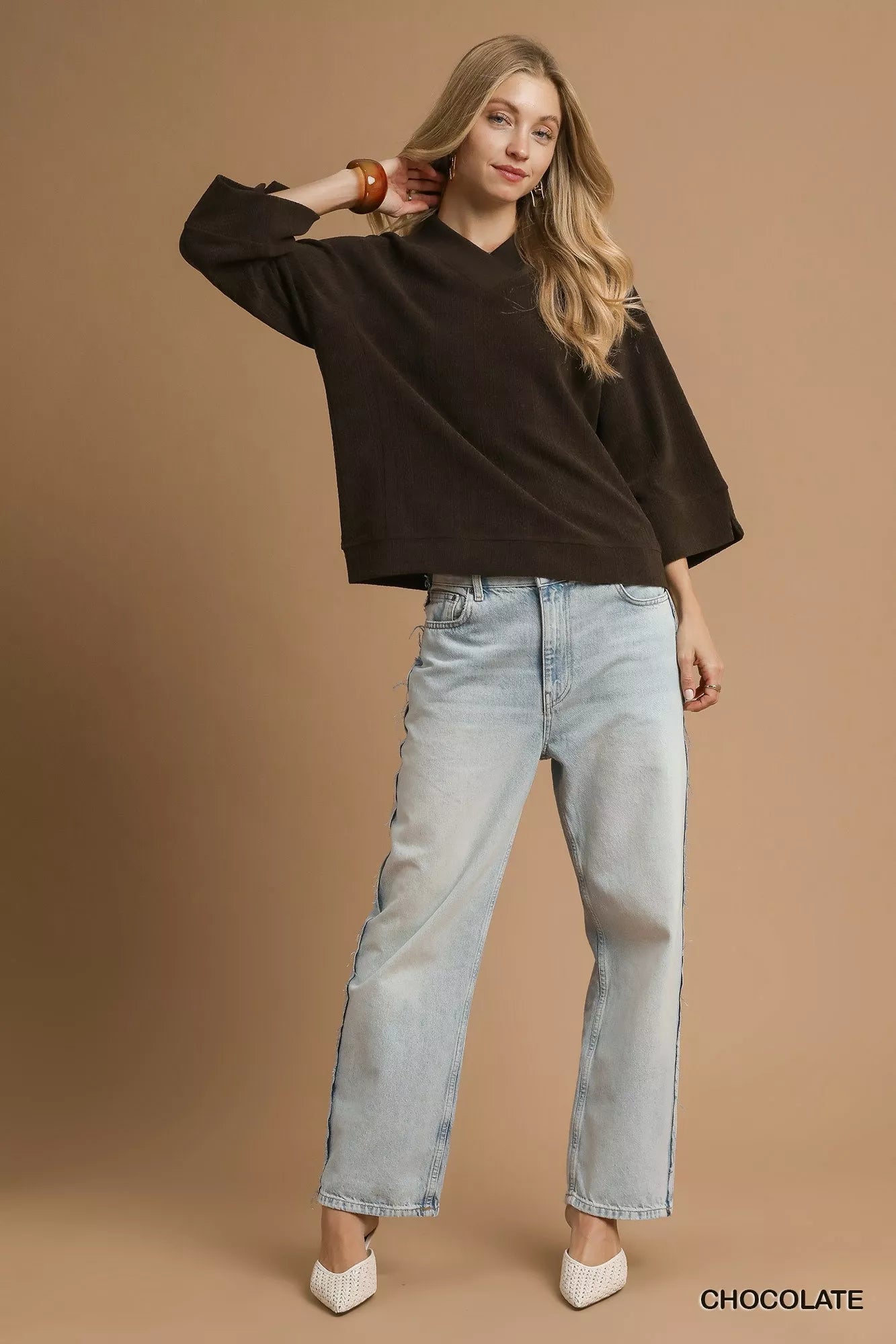 Umgee Textured Knit V-Neck Top Trendsi