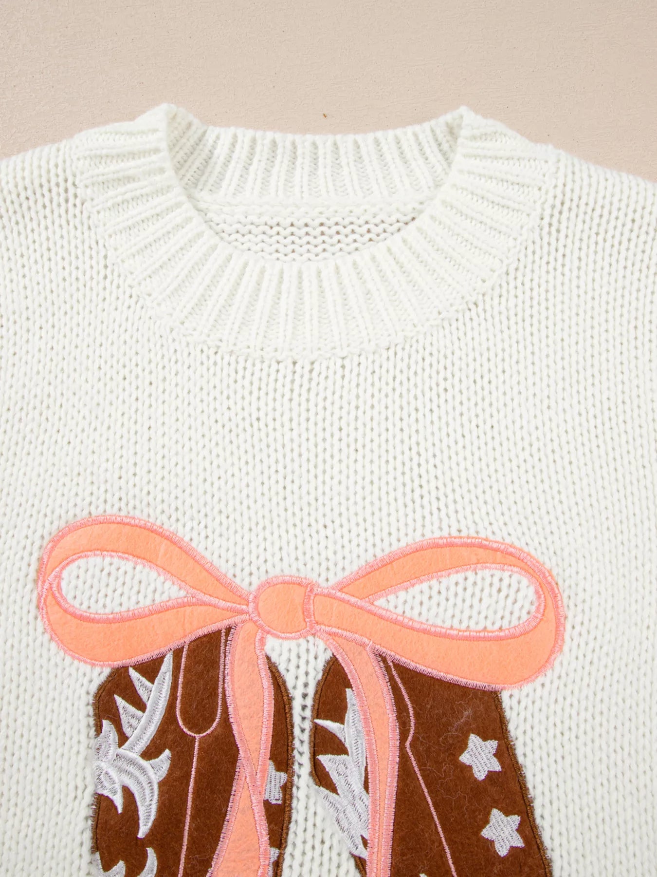 Embroidered Bow Boots Graphic Drop Shoulder Sweater OutfitFlow