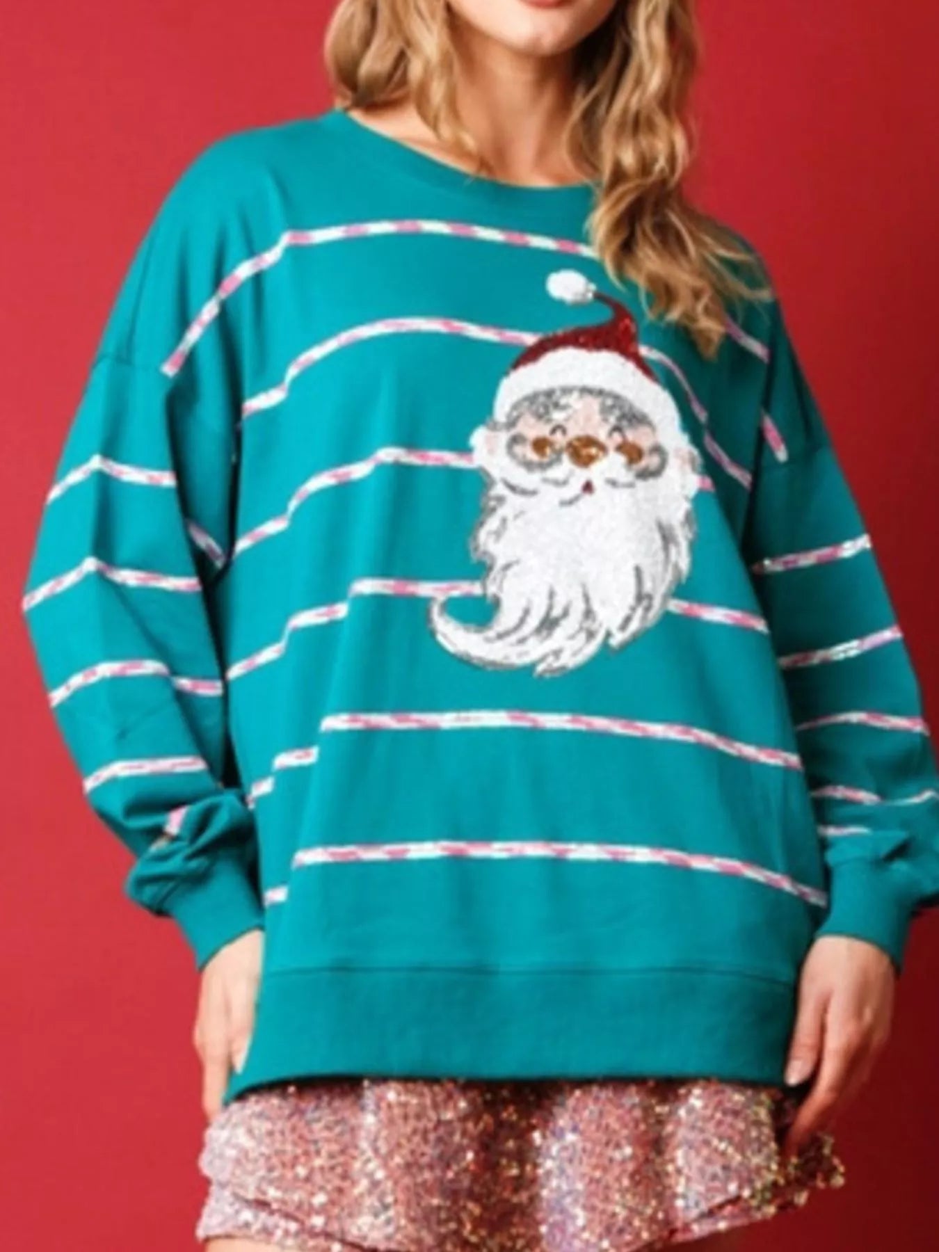 Christmas Santa Striped Long Sleeve Sweatshirt OutfitFlow