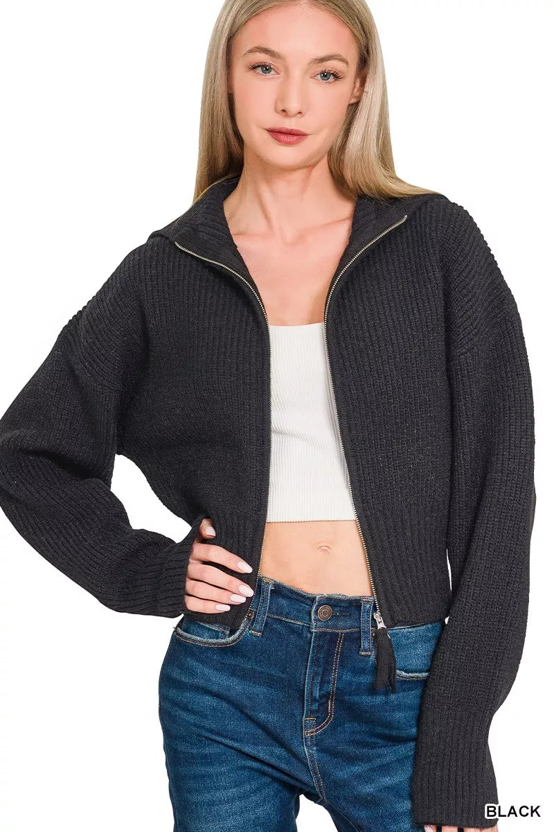 Zenana Ribbed Collared Zip Up Sweater Cardigan OutfitFlow