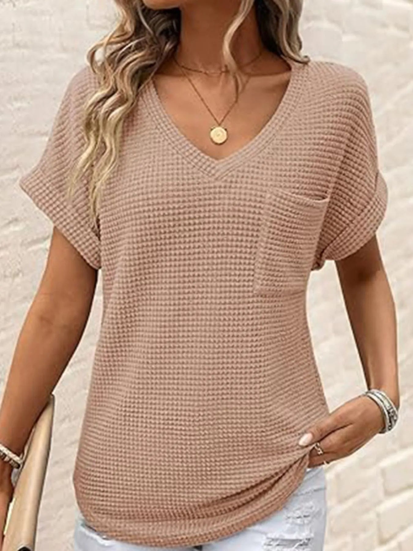 Waffle Knit V-Neck Casual T-Shirt OutfitFlow