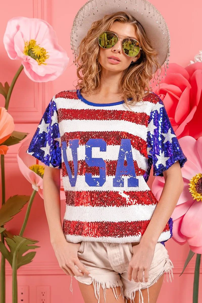 BiBi American Flag Theme USA Lettering Sequin Top OutfitFlow