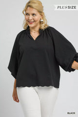 Umgee Full Size Textured Notched Balloon Sleeve Blouse Plus Size OutfitFlow