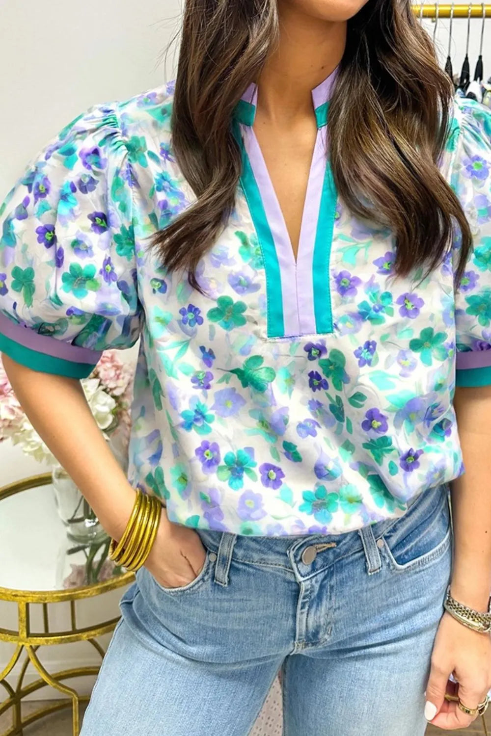 Floral Print Puff Sleeve Notched Blouse OutfitFlow
