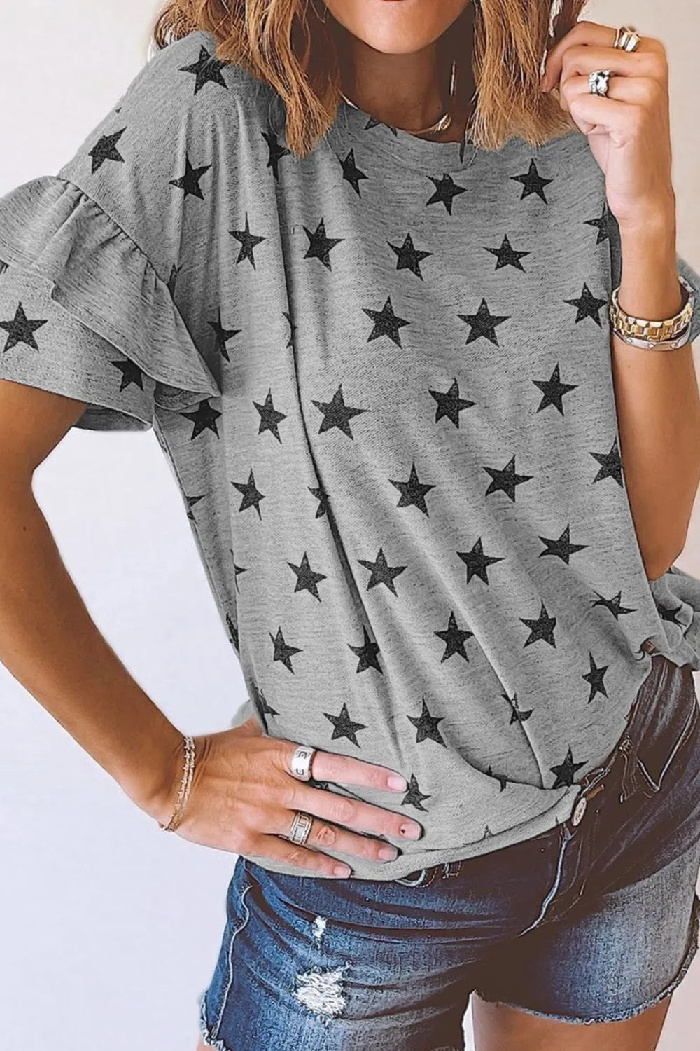 Star Print Tiered Ruffled Sleeve Crew Neck T Shirt OutfitFlow