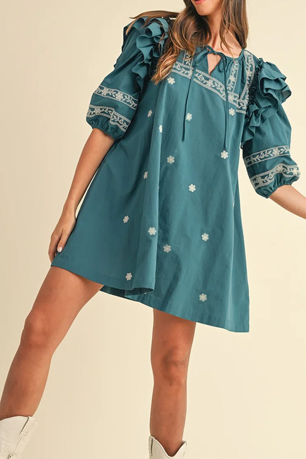 Floral Ruffle Puff Sleeve Tie Neck Mini Dress OutfitFlow