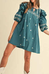 Floral Ruffle Puff Sleeve Tie Neck Mini Dress OutfitFlow