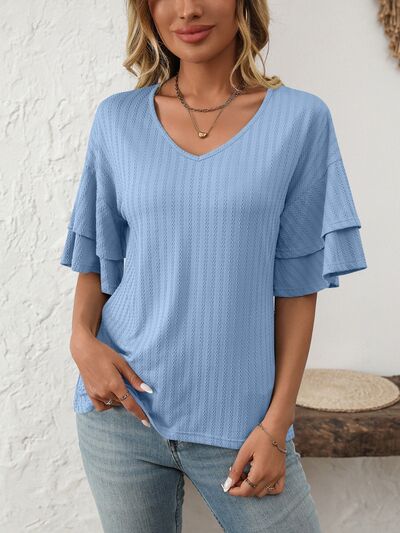 Mandy V-Neck Ruffle Half Sleeve Top OutfitFlow