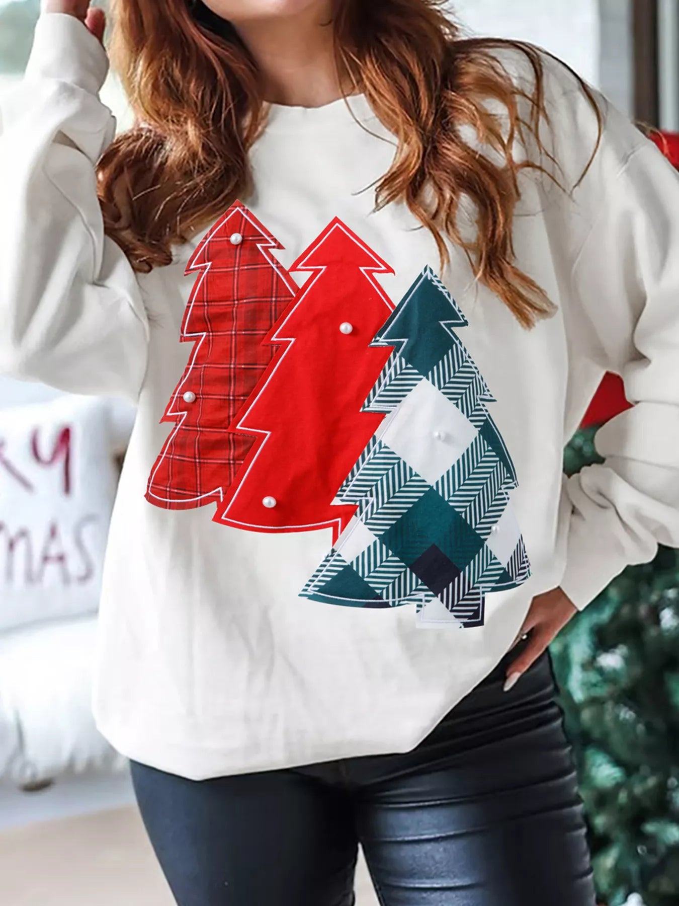 Pearl Plaid Christmas Tree Patched Drop Shoulder Sweatshirt White OutfitFlow