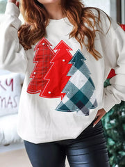 Pearl Plaid Christmas Tree Patched Drop Shoulder Sweatshirt White OutfitFlow