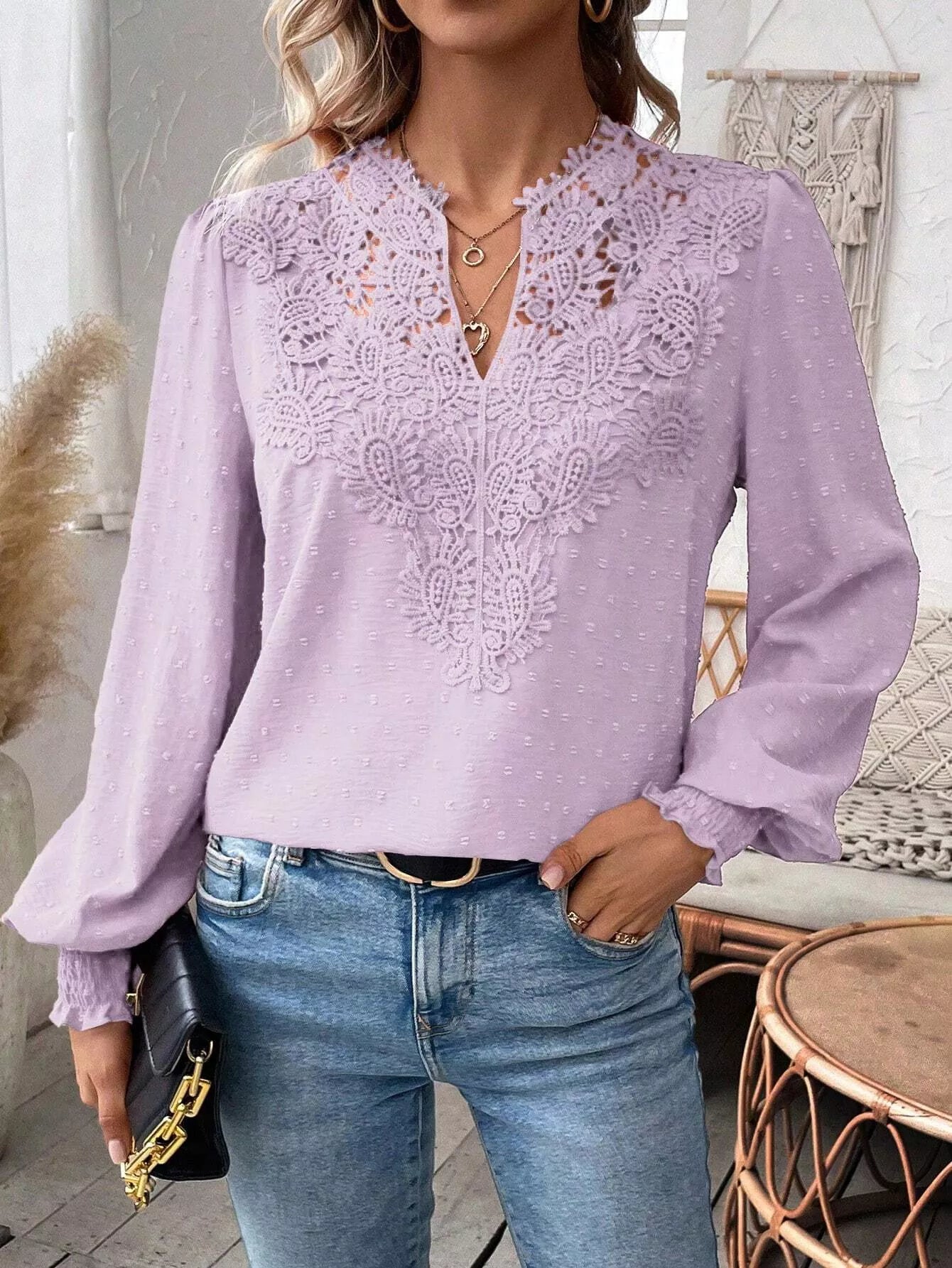 Swiss Dot Lace Detail Long Sleeve Blouse OutfitFlow