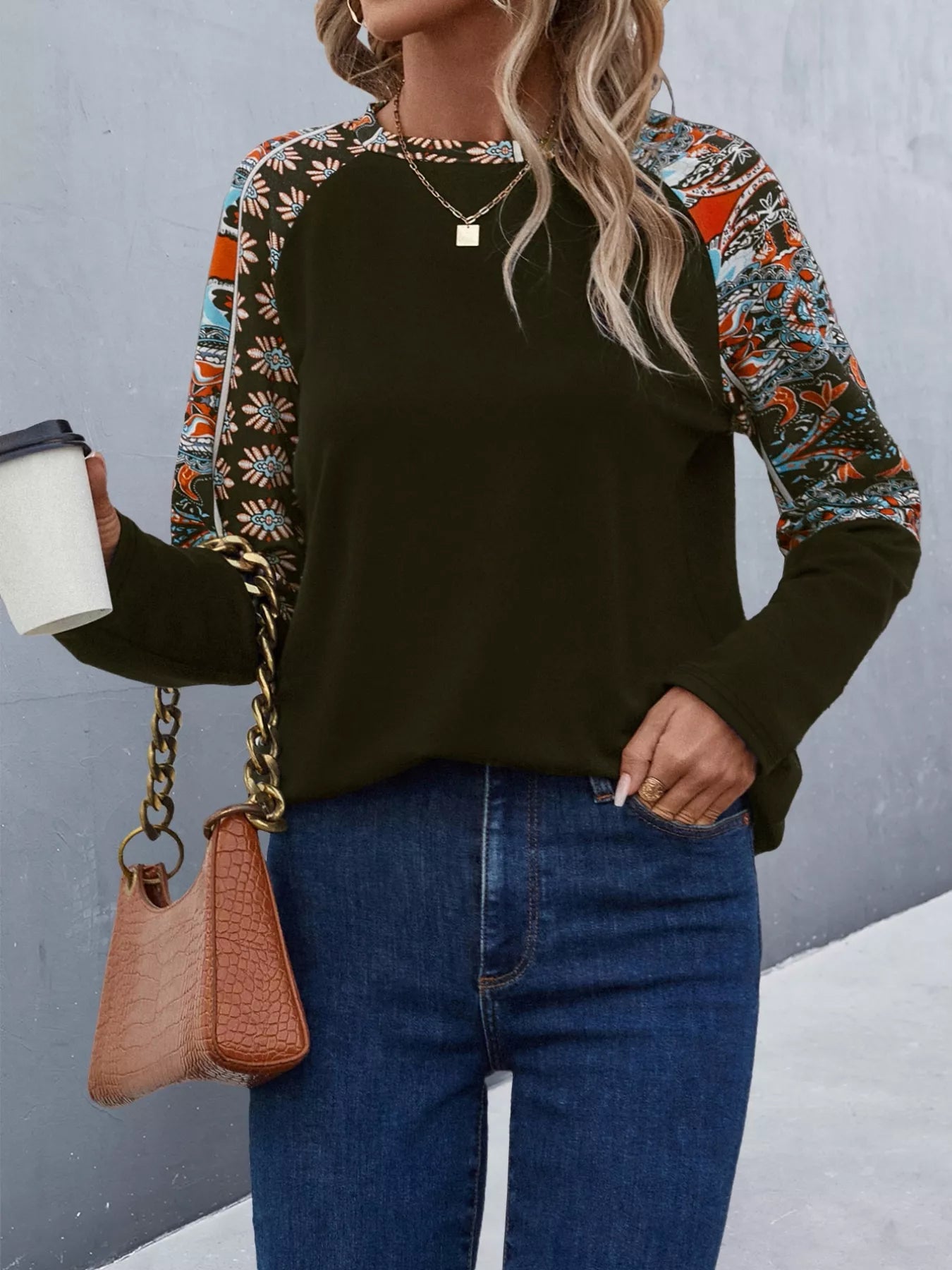 Printed Raglan Sleeve Round Neck T-Shirt Trendsi
