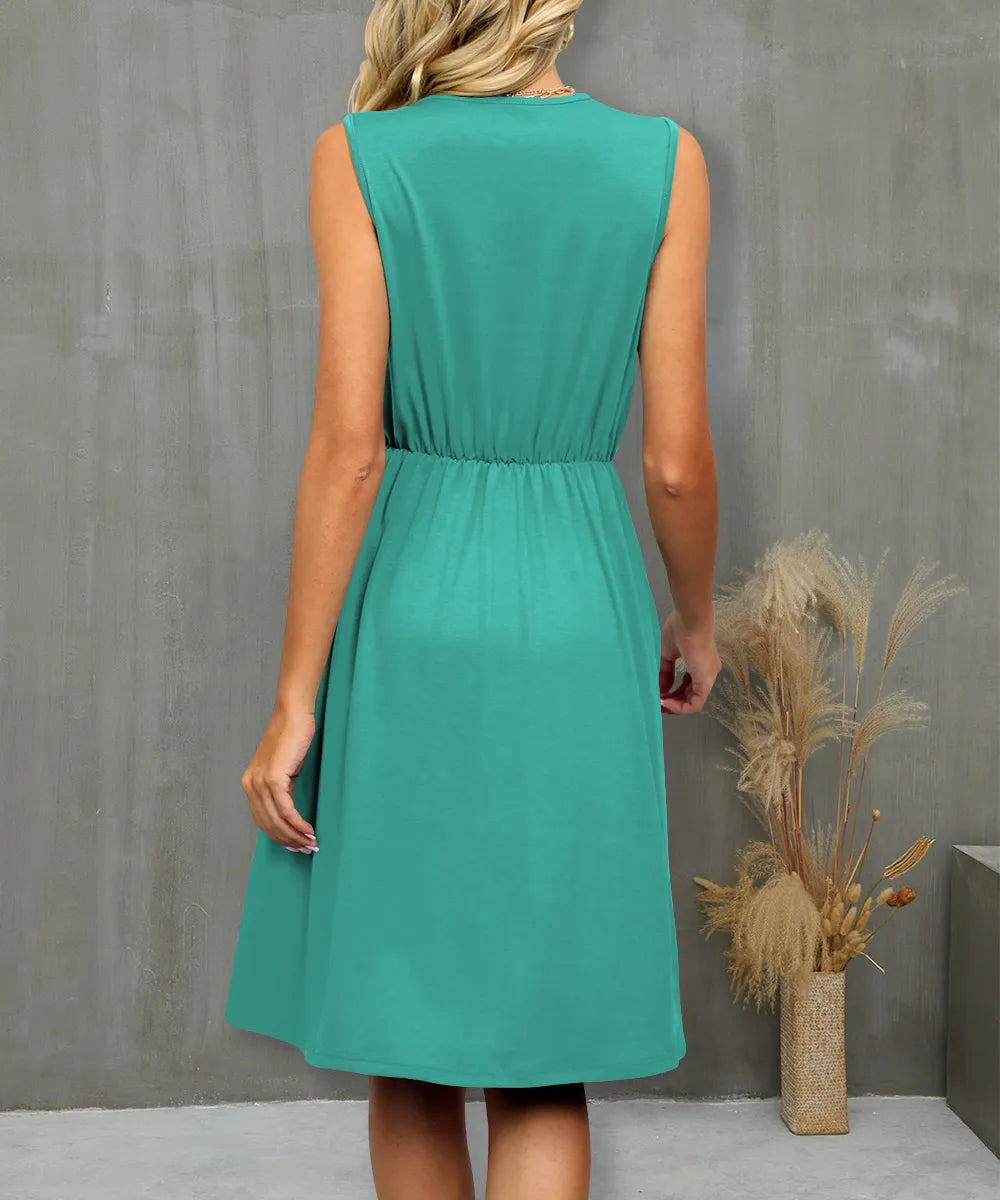 V-Neck Sleeveless Midi Dress with Lace Trim OutfitFlow