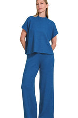 Zenana Rolled Sleeve Top and Pants Sweater Set OutfitFlow