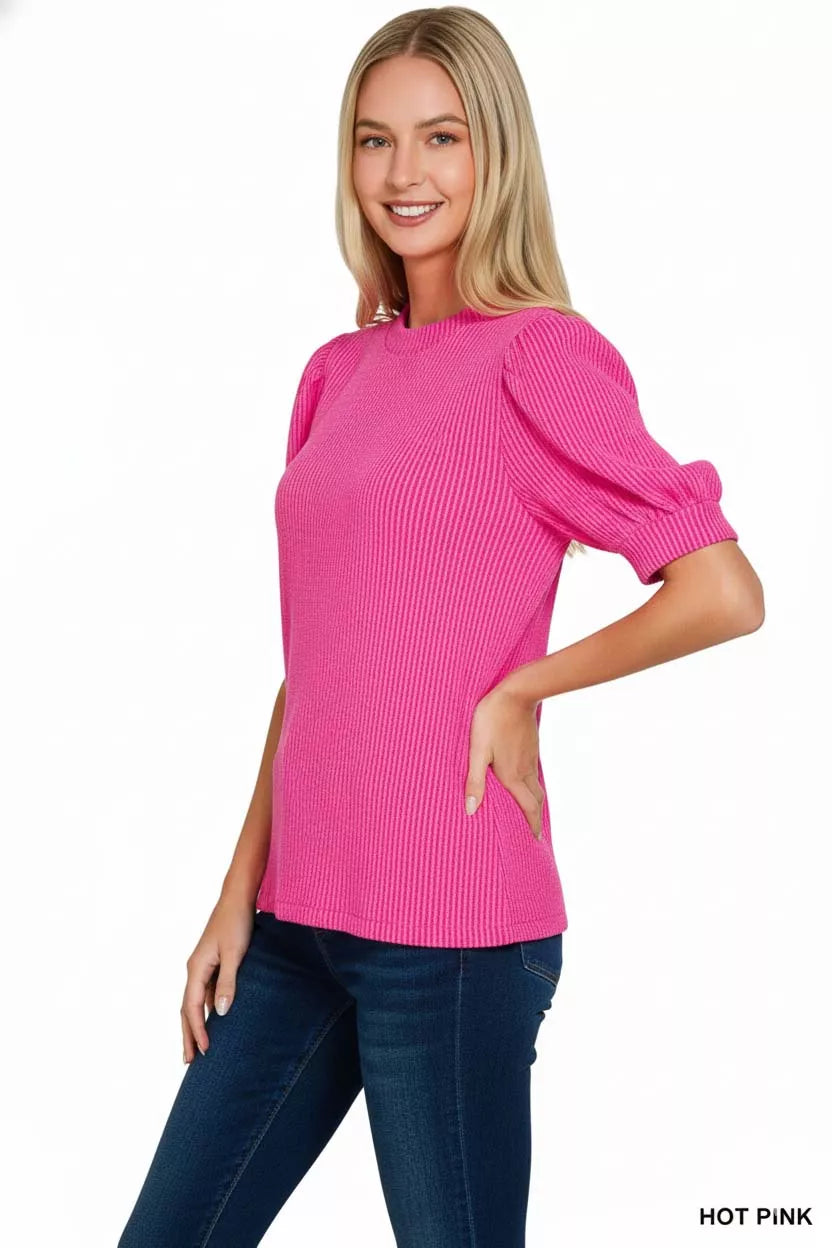 Zenana Raised Rib Puff Sleeve Top OutfitFlow