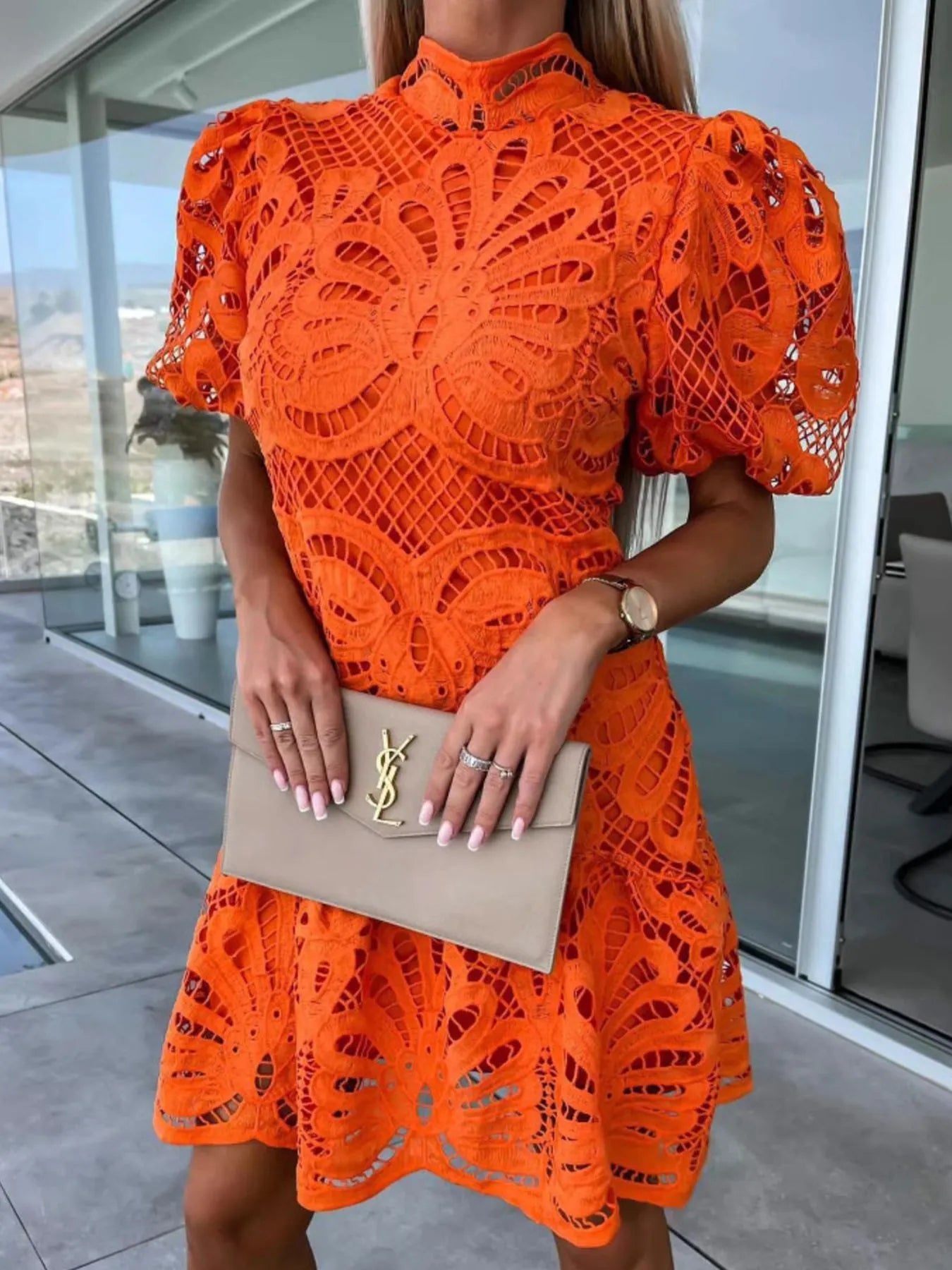 Lace Mock Neck Puff Sleeve Dress Orange OutfitFlow