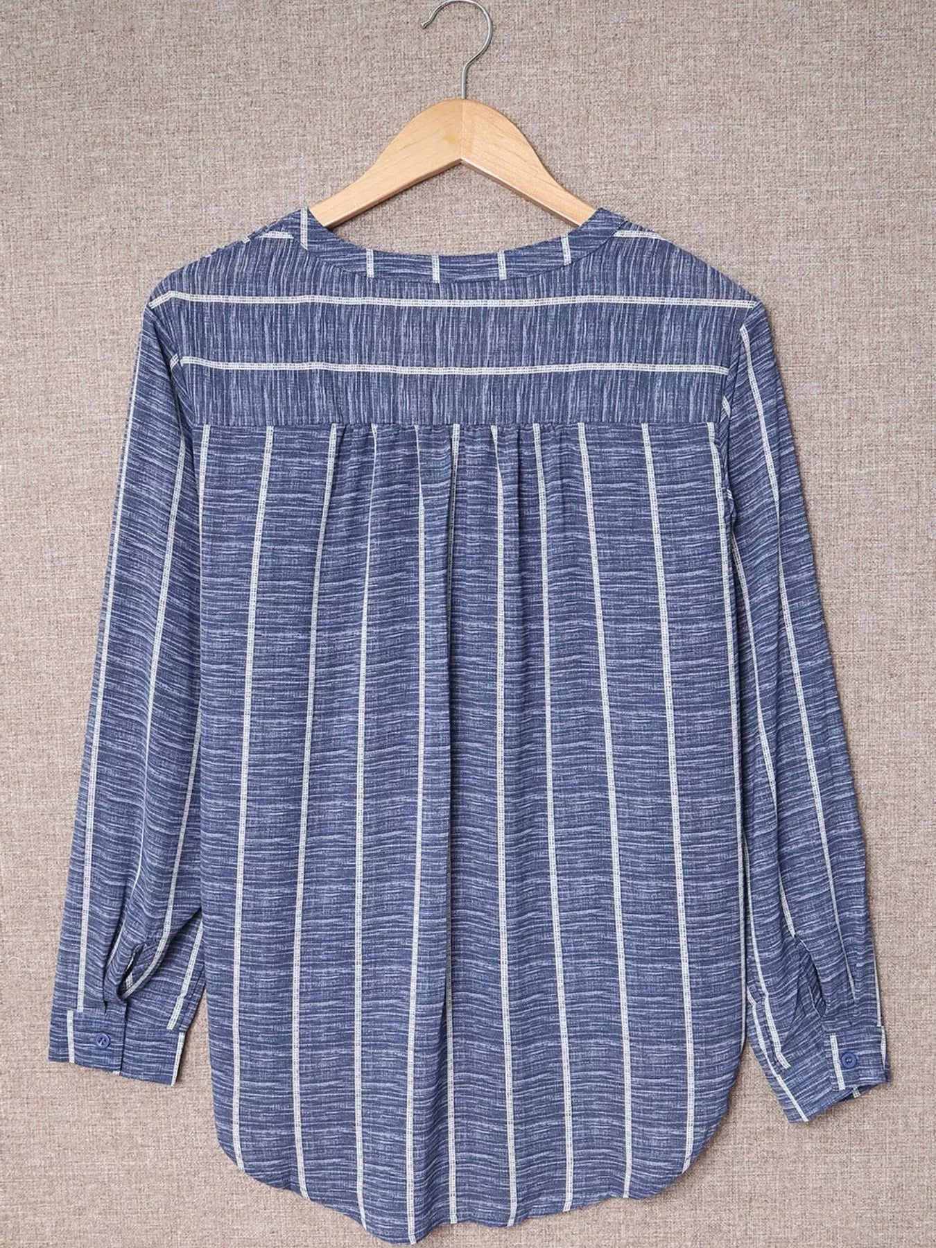 Striped Print V Neck Half Buttons Loose Blouse OutfitFlow