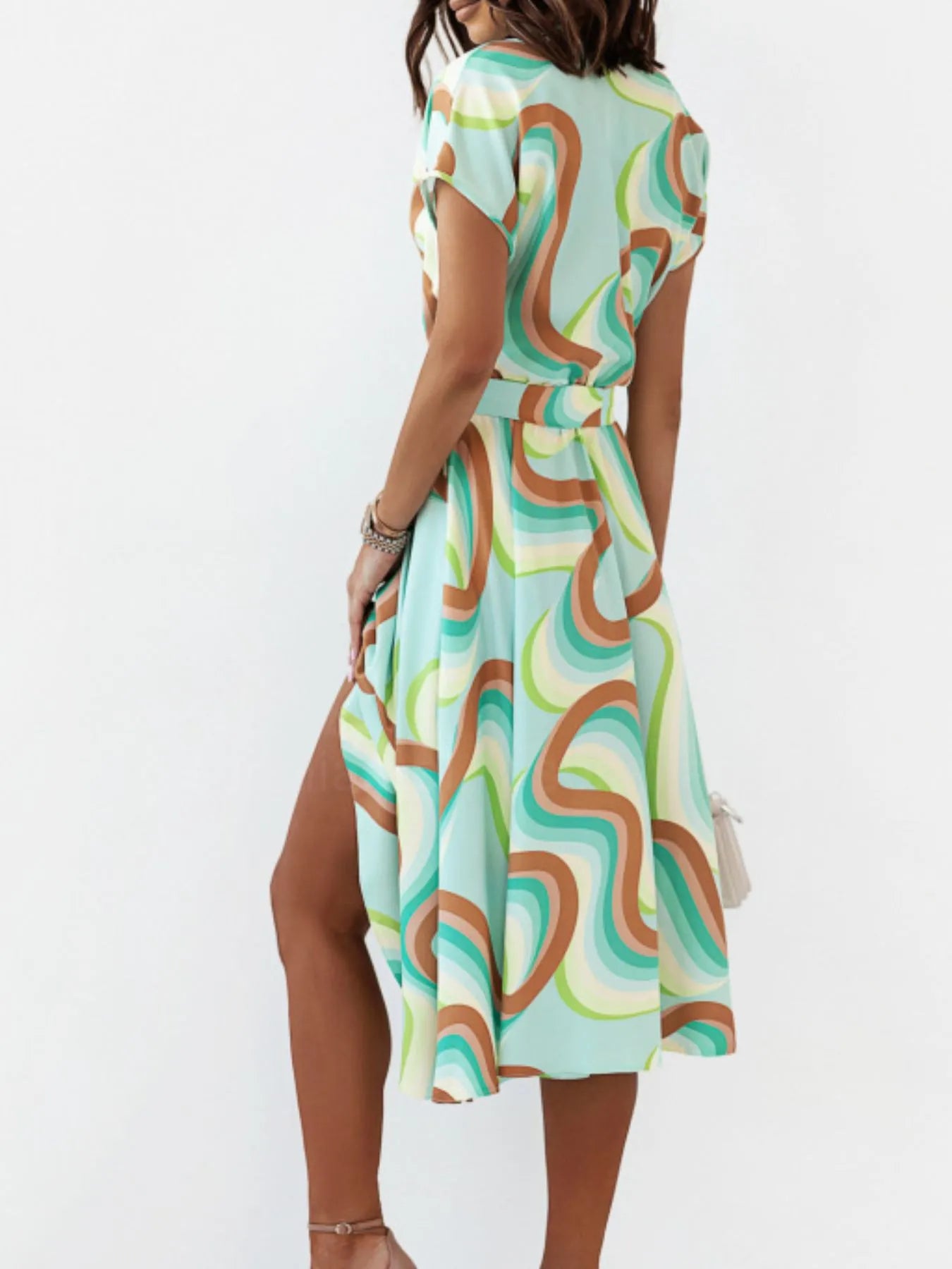Printed Button Front Midi Dress with Belt OutfitFlow