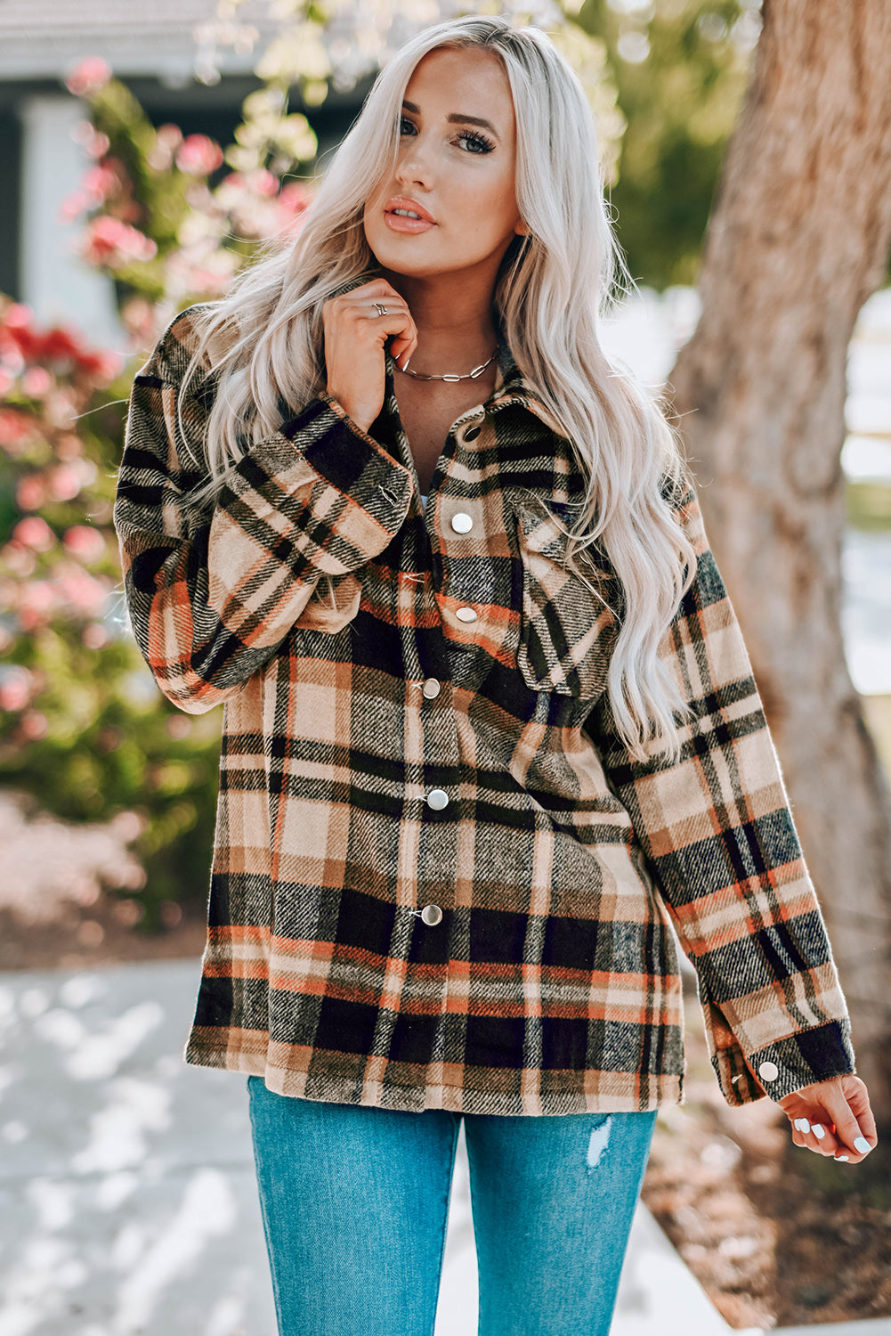Plaid Button Front Shirt Jacket with Breast Pockets Khaki Trendsi