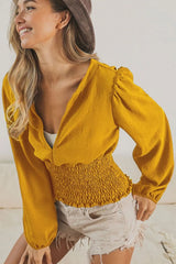 BiBi Smoking Waist Band and Puff Sleeves Deep V Neck Top VINTAGE MUSTARD OutfitFlow