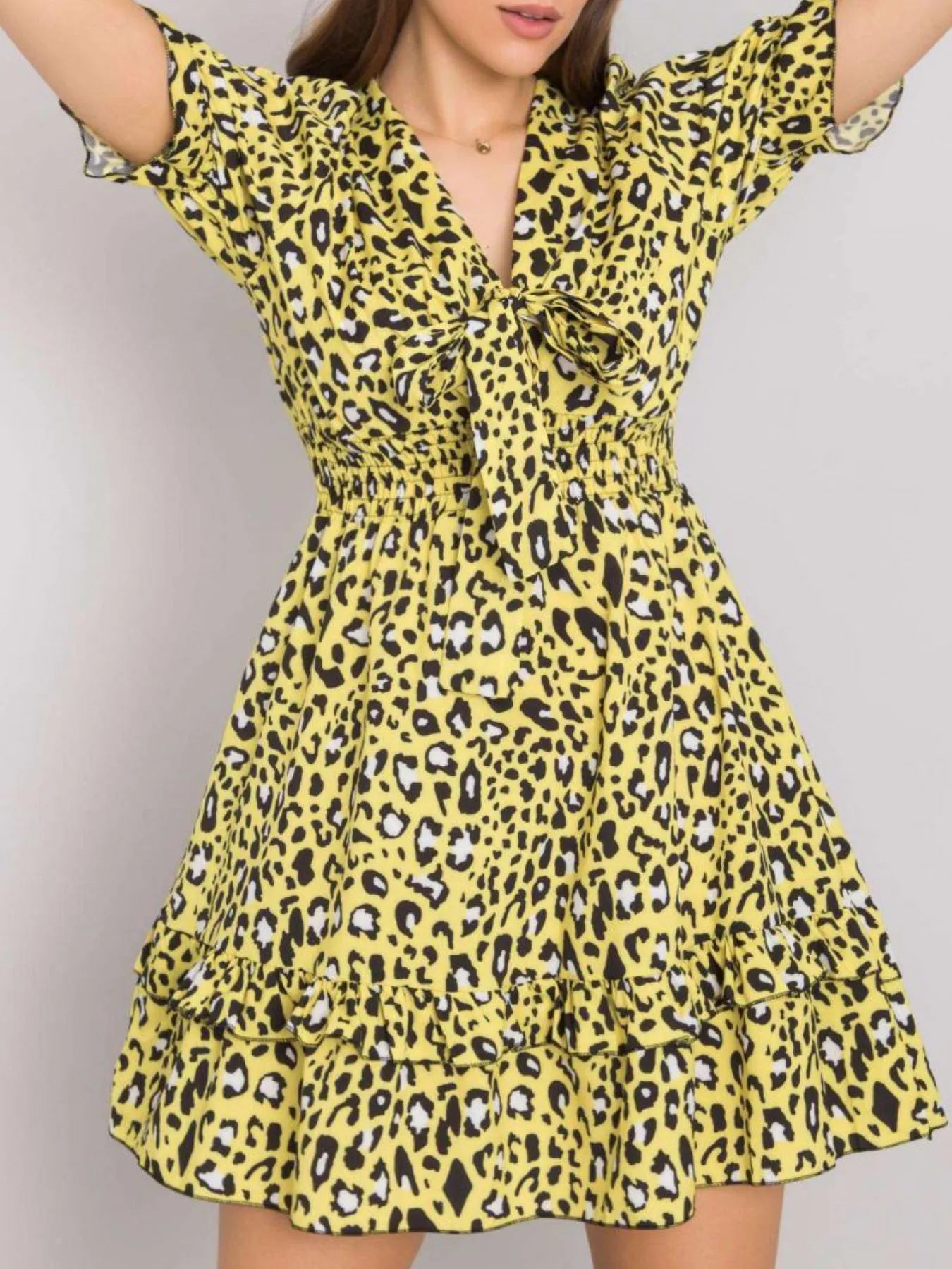 Leopard Print Tie Front Short Sleeve Mini Dress OutfitFlow