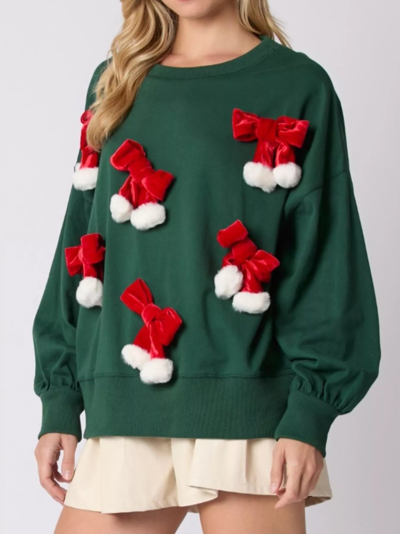 Christmas Long Sleeve Sweatshirt with Pom-Pom Bow Decoration OutfitFlow