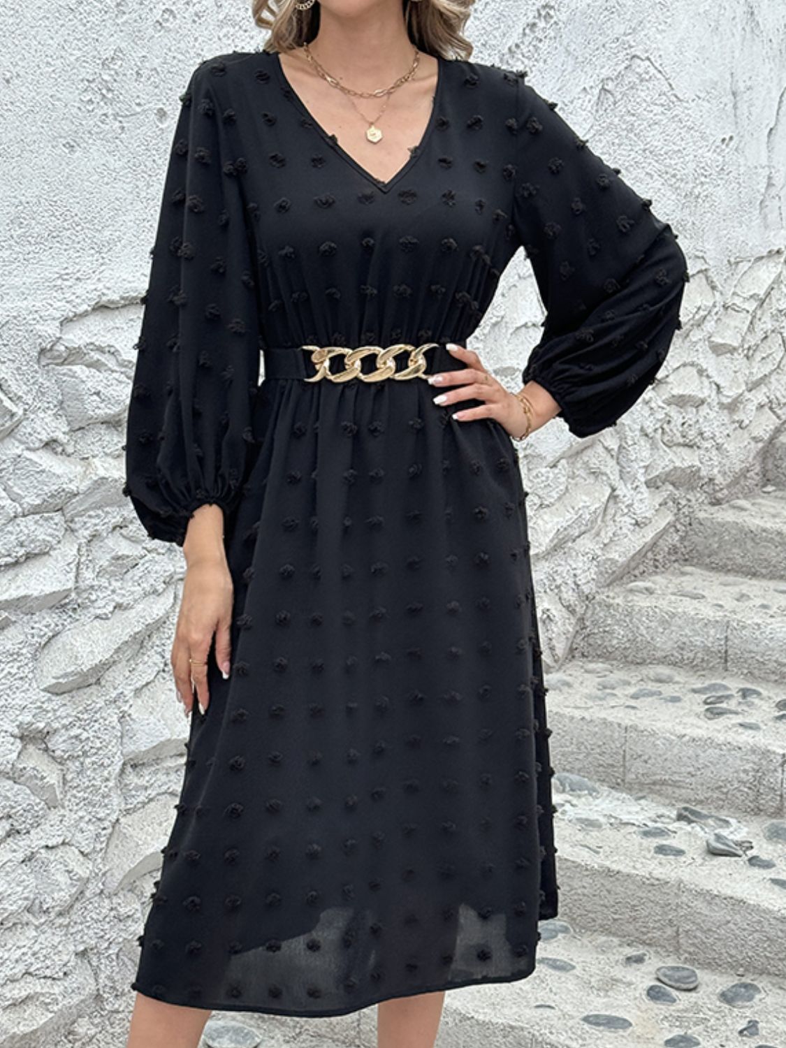 Outfit Flow - Full Size Swiss Dot V-Neck Long Sleeve Midi Dress