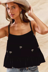 SO ME Holiday Velvet Ribbon Rhinestone Christmas Top BLACK OutfitFlow