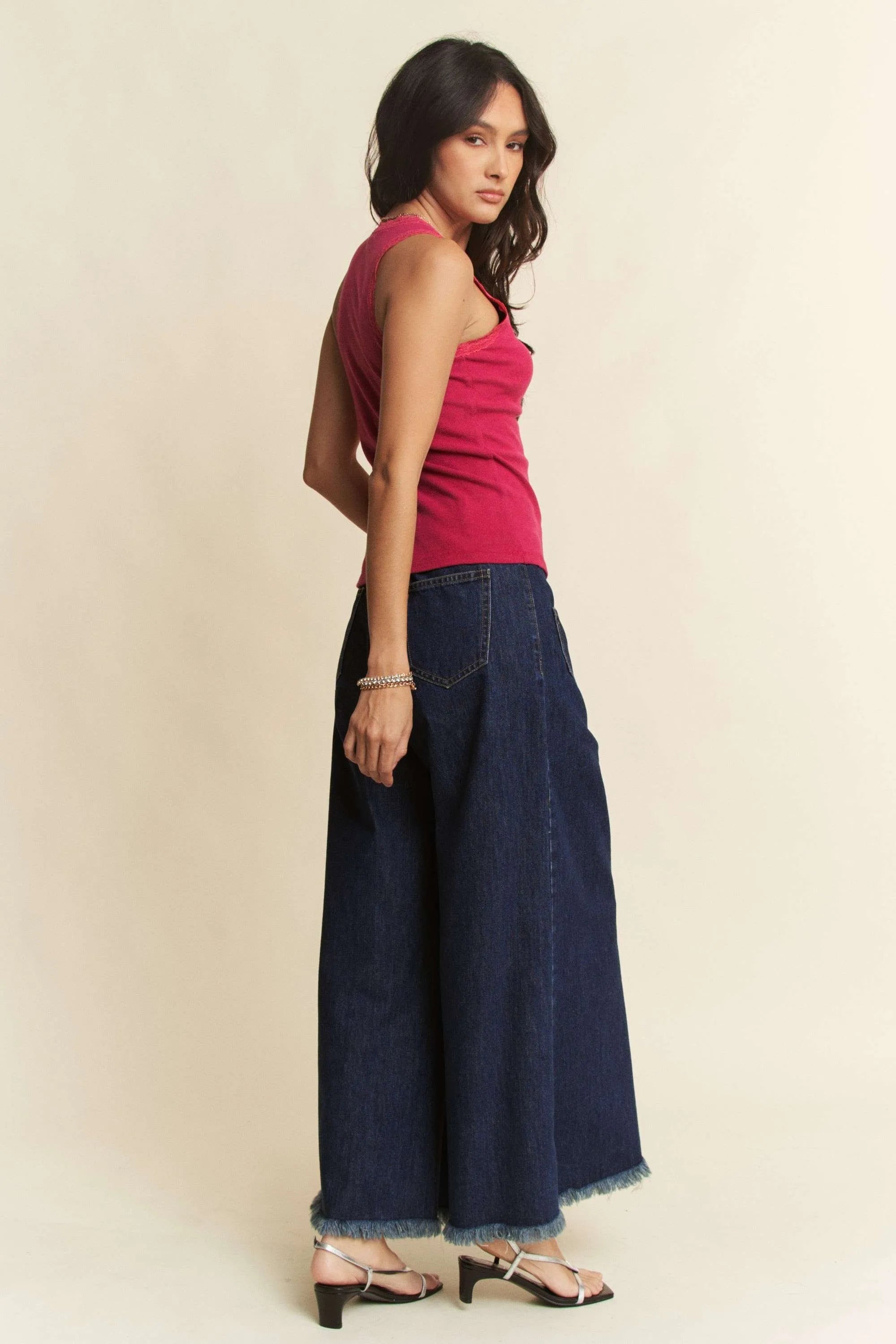 Davi & Dani Patch Pocket Wide Leg Culotte Jeans OutfitFlow