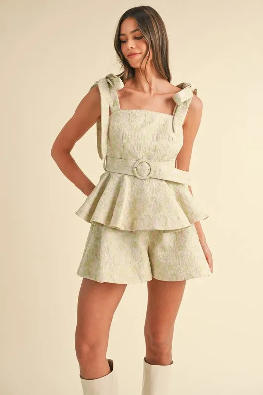 MABLE Jacquard Floral Peplum Top and Flare Shorts Set Sage Blush OutfitFlow