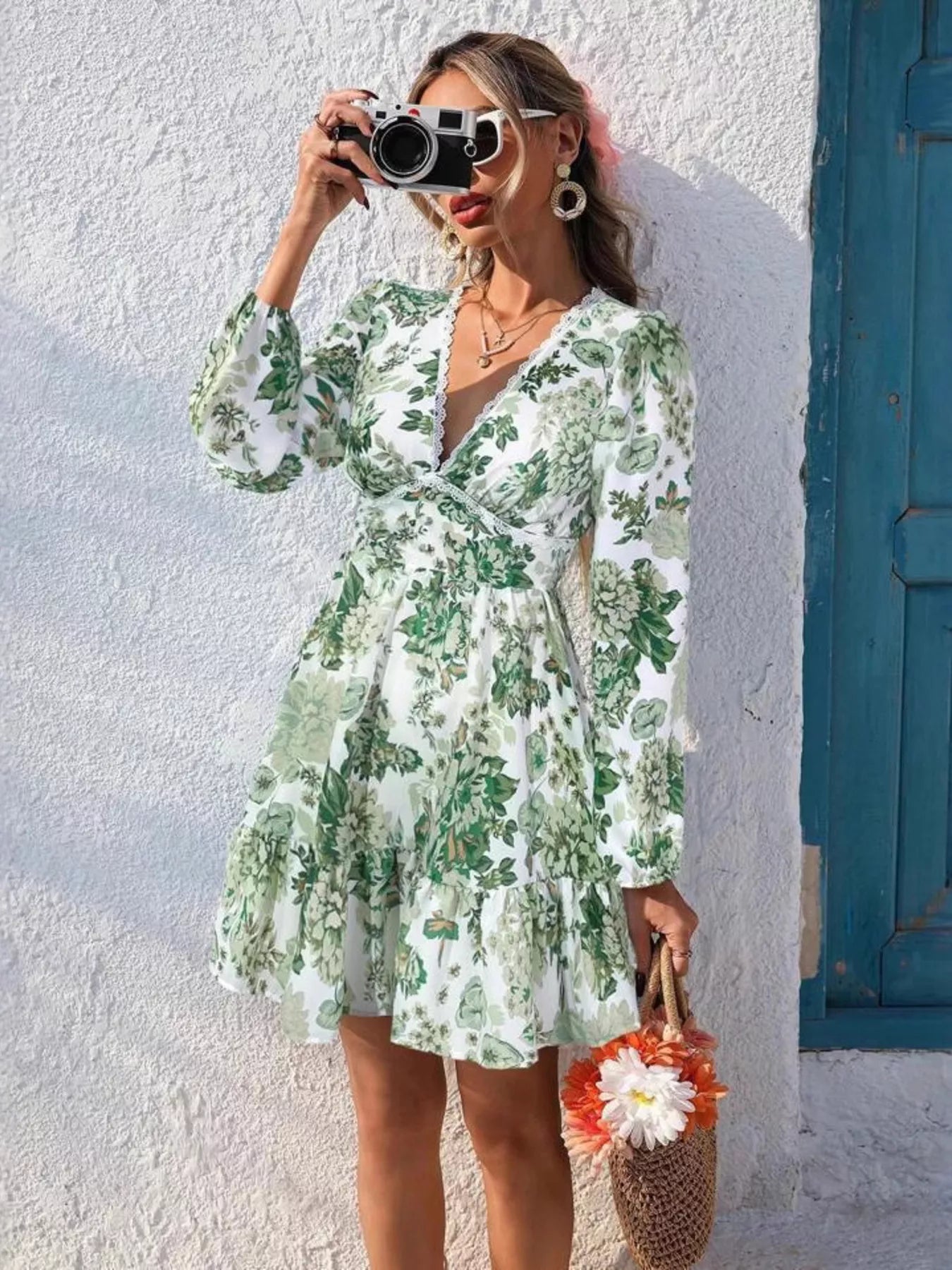 Full Size Floral Print V-Neck Long Sleeve Ruffle Hem Mini Dress Plus Size Green Trendsi