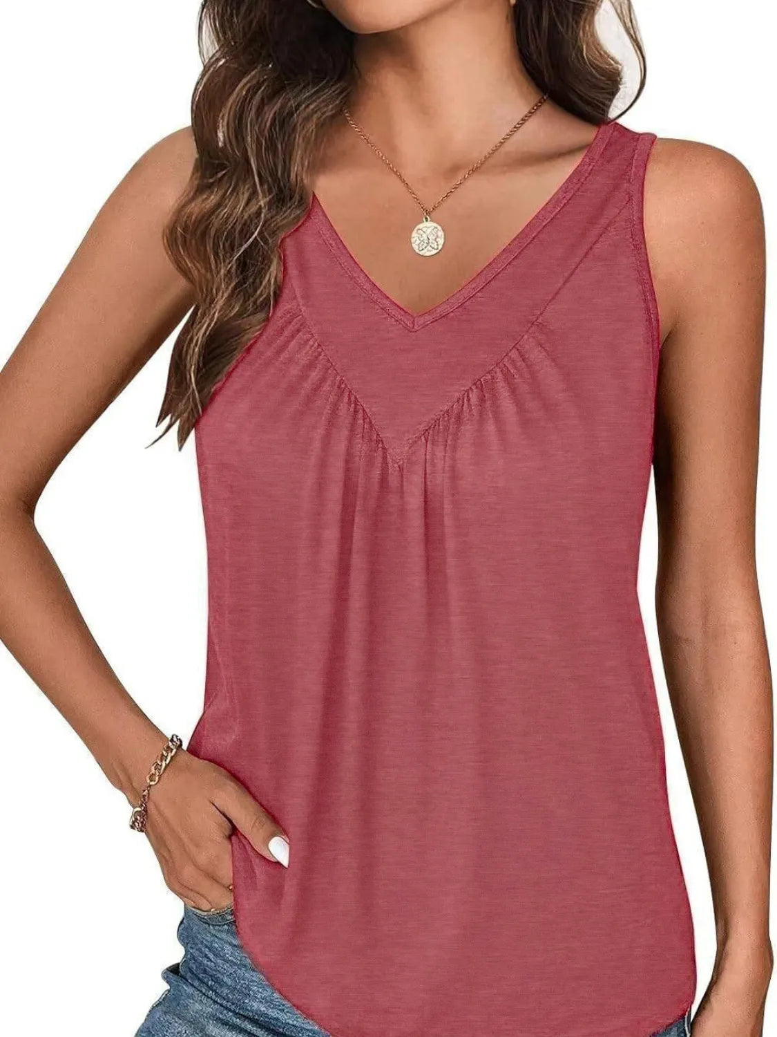 Ruched V-Neck Tank Rust OutfitFlow
