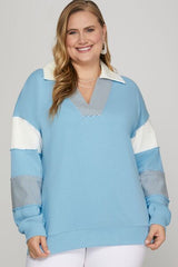She + Sky Full Size Color Block Sleeve Johnny Collar French Terry Sweatshirt Plus Size OutfitFlow