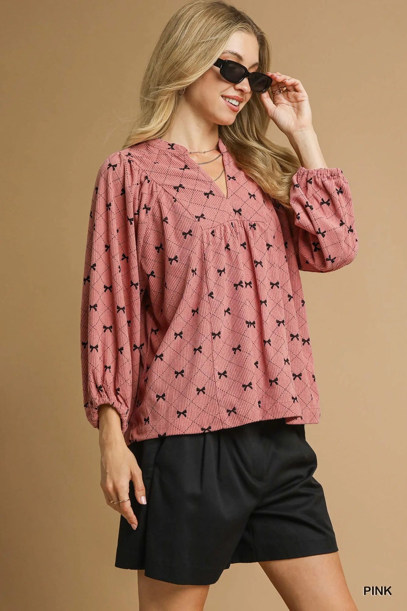 Umgee Corduroy Bow Print Balloon Sleeve Blouse Trendsi
