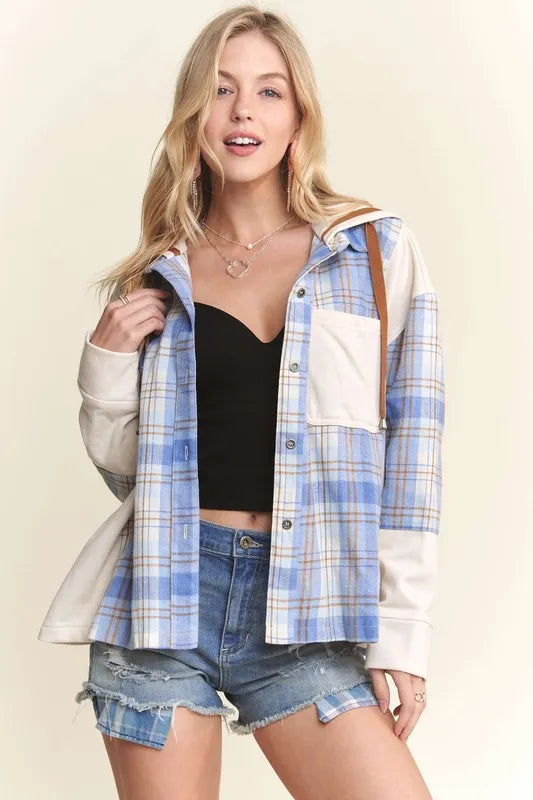ADORA Button Down Plaid Hoodie Shacket OutfitFlow