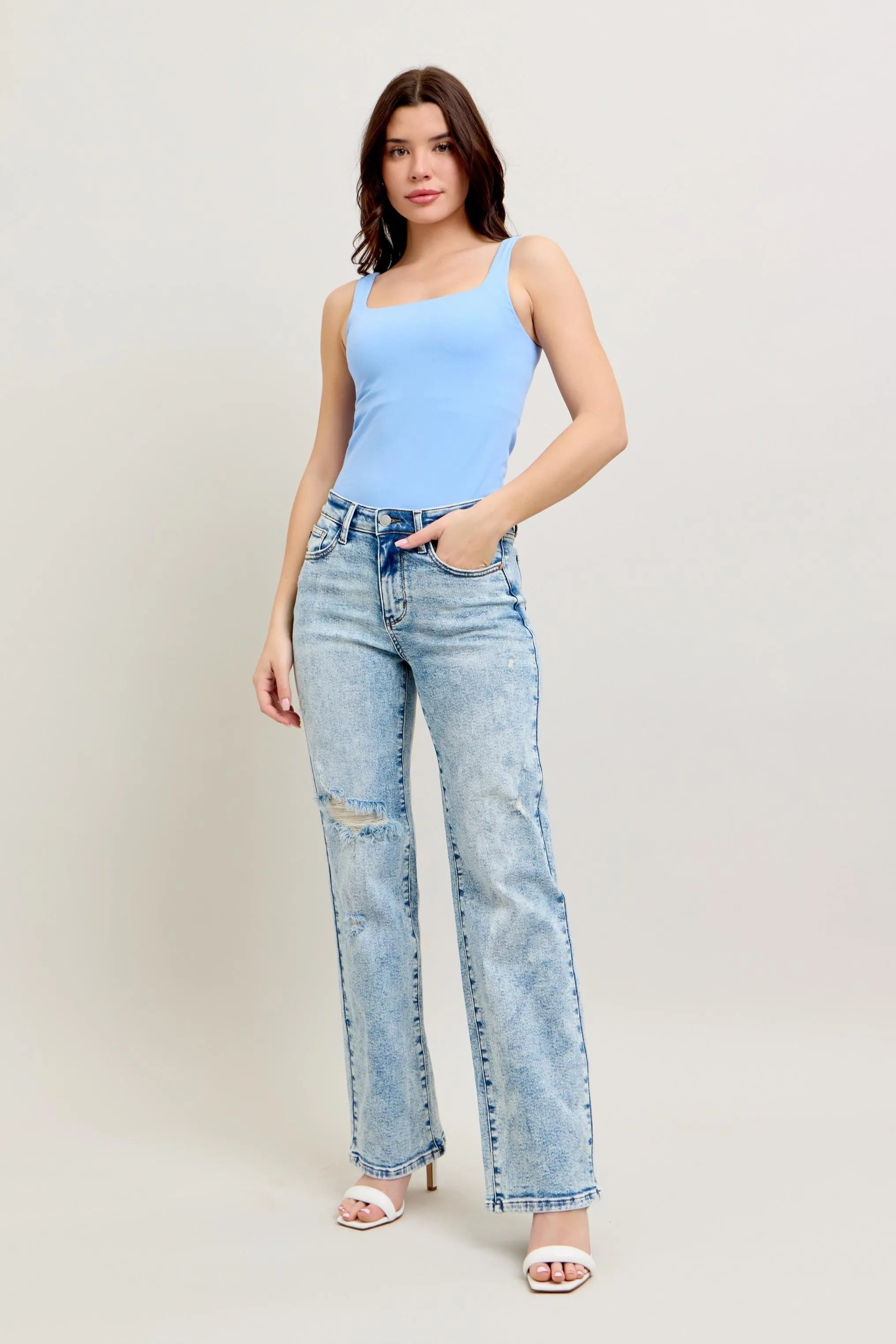 Judy Blue Full Size Hw Mineral Wash Destroy 90's Straight Jeans Plus Size OutfitFlow