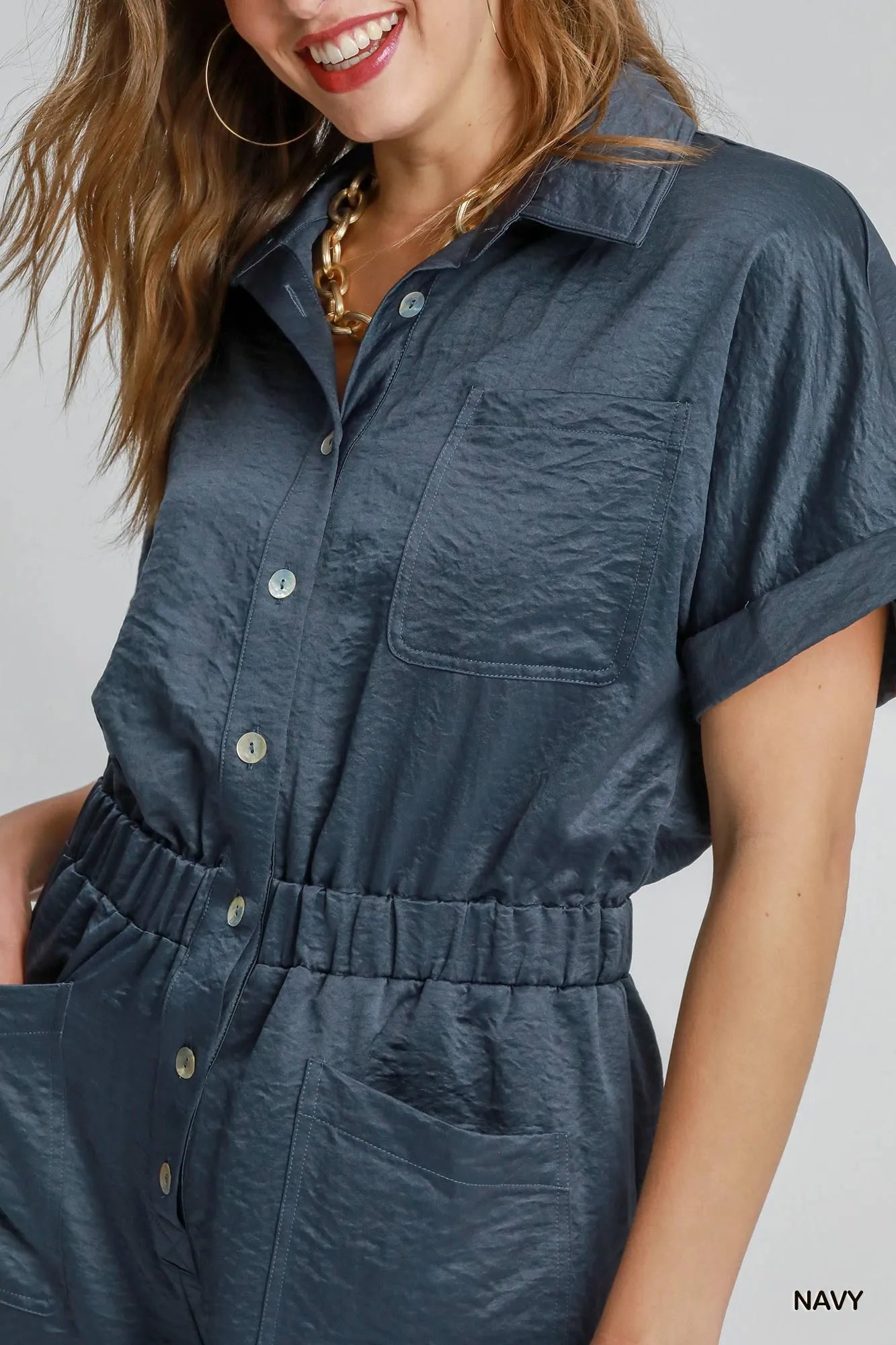 Umgee Button Down Charmeuse Romper Trendsi