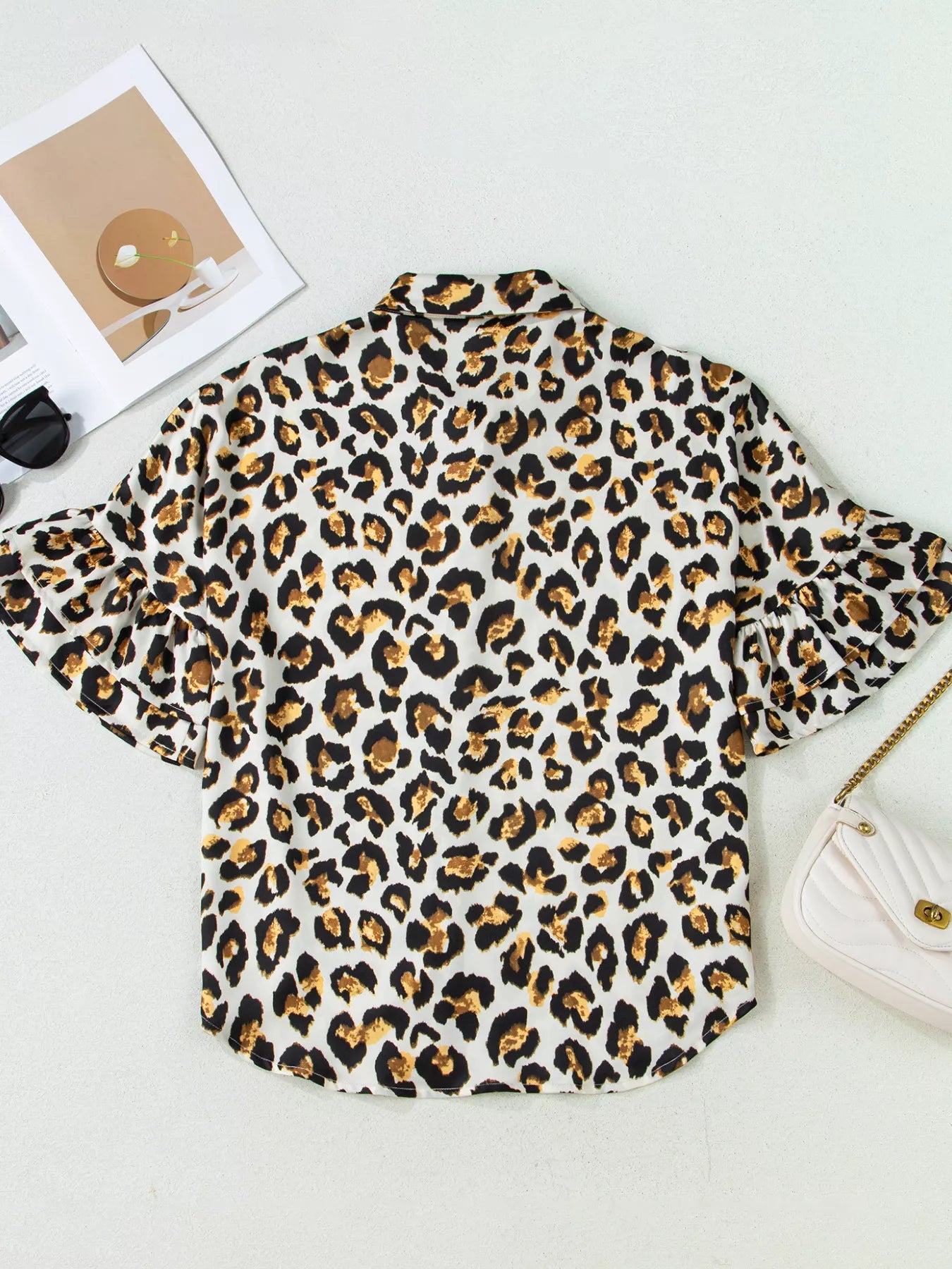 Leopard Print Ruffle Trim 3/4 Sleeve Loose Shirt Trendsi