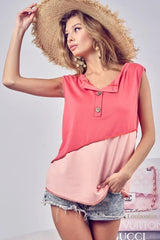 BiBi Color Block Contrast Stitching Buttoned Henley Top OutfitFlow