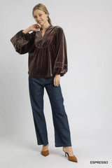 Umgee Velvet Long Sleeve Blouse with Contrast Trim OutfitFlow