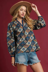 Umgee Abstract Print Ruffle Neck Top OutfitFlow