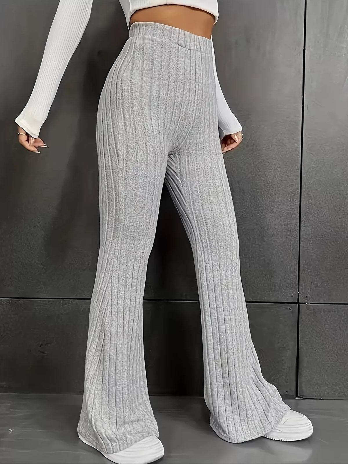 Plus Size Ribbed Knit High Waist Flare Pants Light Gray OutfitFlow
