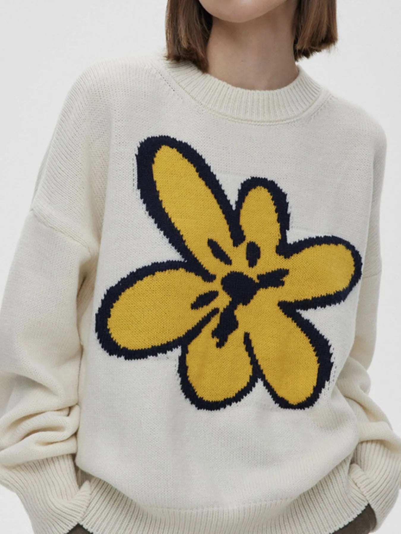 Flower Ribbed Hem Round Neck Sweater OutfitFlow