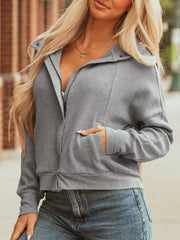 Waffle Splicing Zip Up Front Button Hooded Jacket OutfitFlow