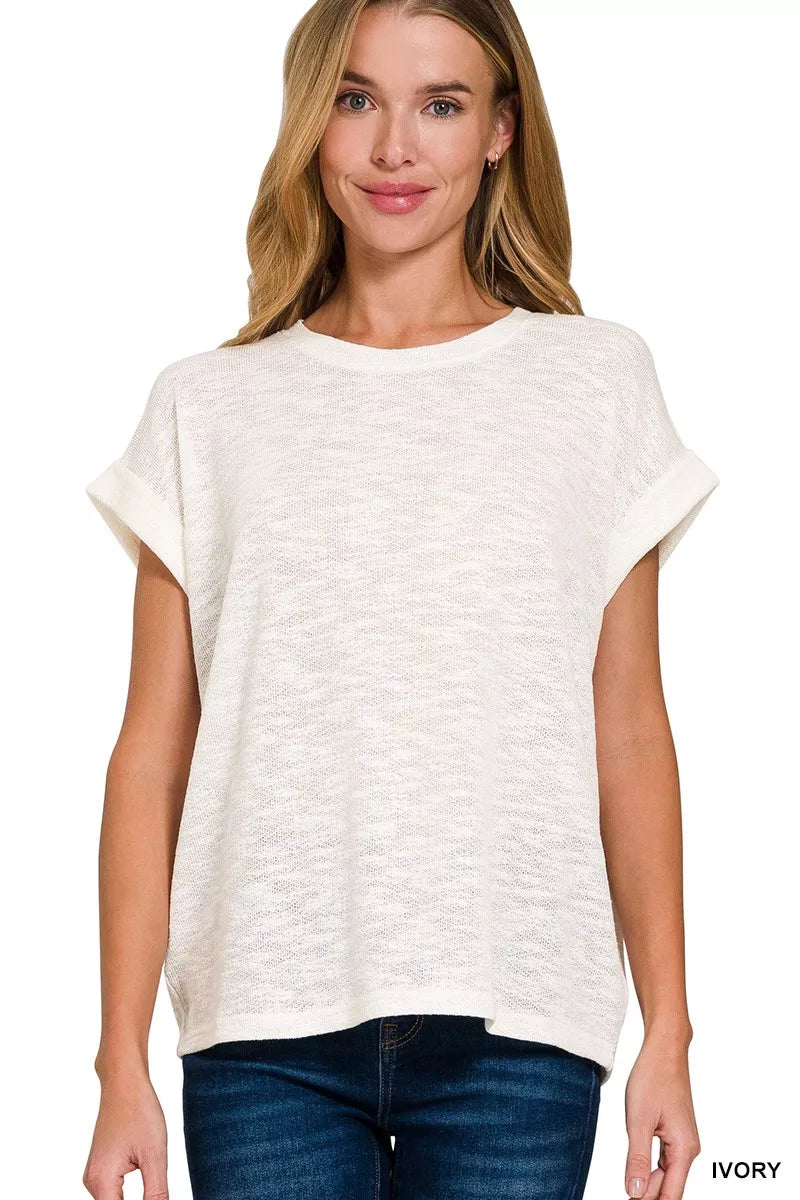 Zenana Hacci Slub Rolled Up Sleeve Tee IVORY Trendsi