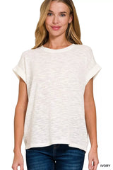 Zenana Hacci Slub Rolled Up Sleeve Tee IVORY Trendsi