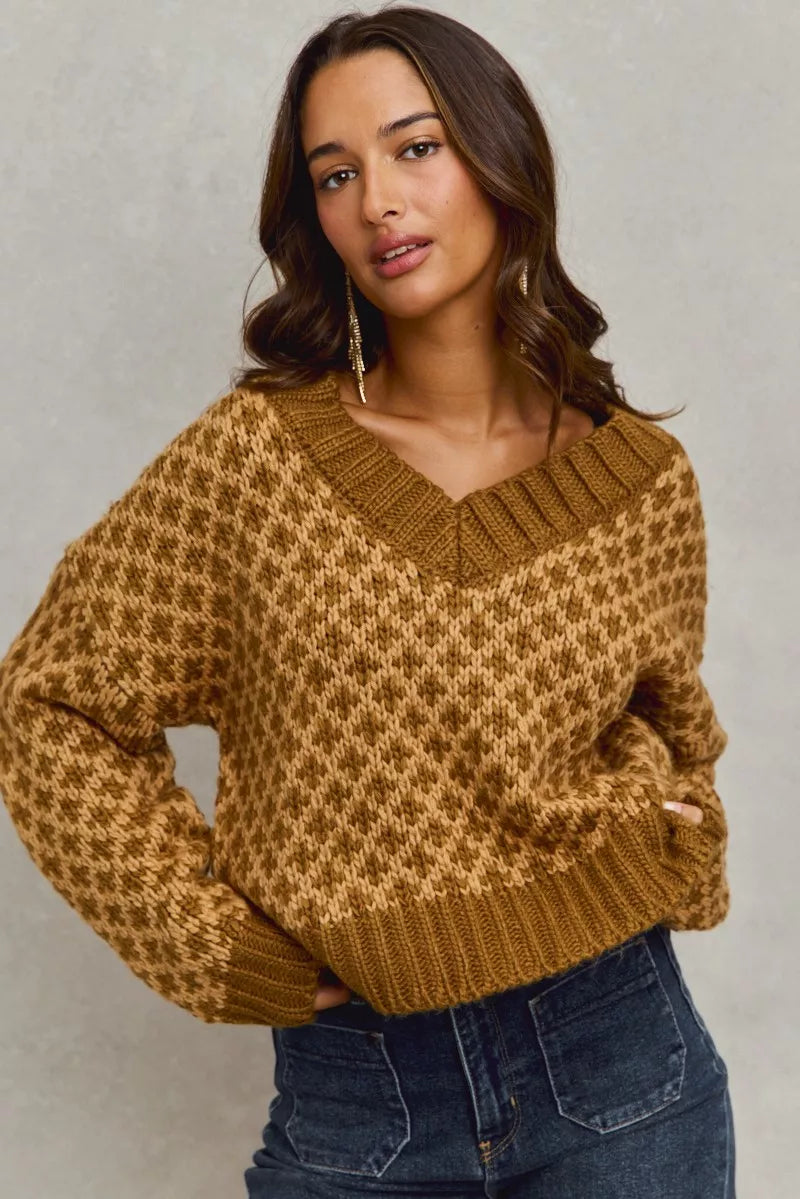 SO ME Color Block Textured Christmas Sweater V Neck Top OutfitFlow