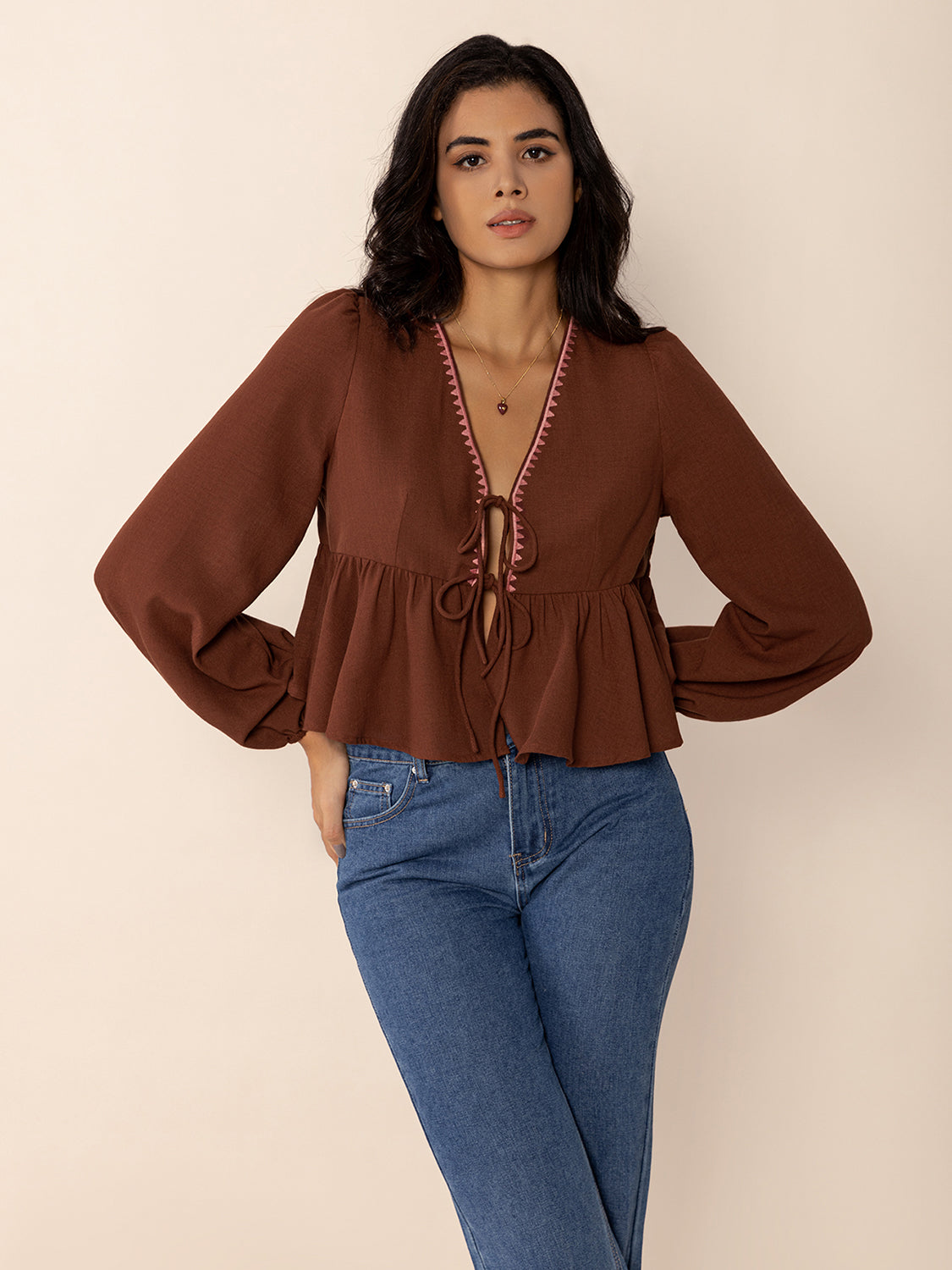 Peplum Tied V-Neck Long Sleeve Blouse OutfitFlow