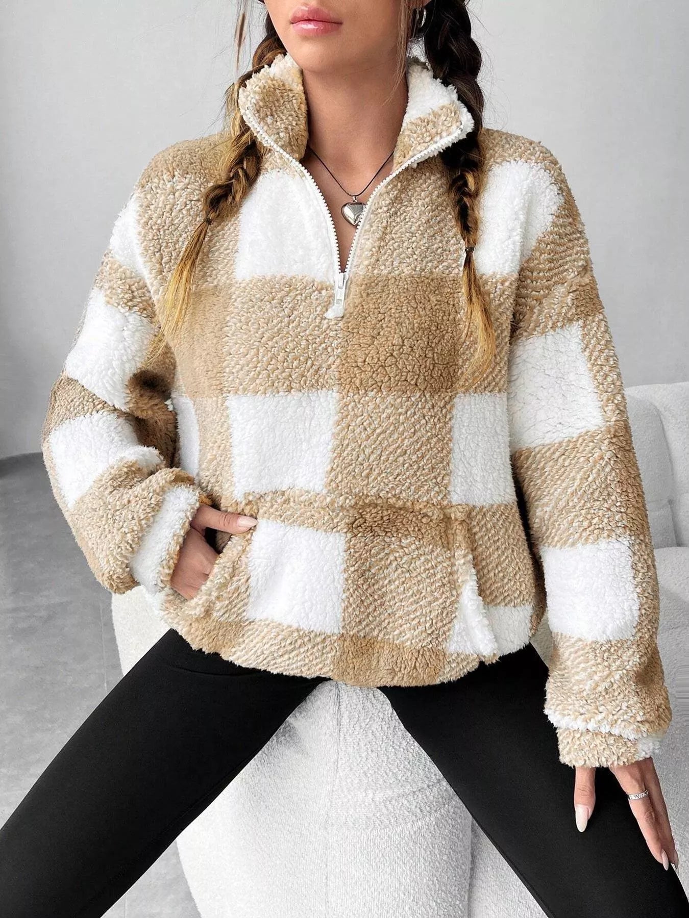 Full Size Plaid Sherpa Long Sleeve Sweatshirt Plus Size OutfitFlow
